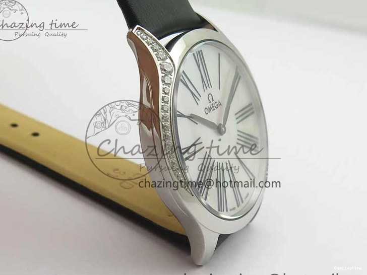 0406 ZeroBulk Ladies’ De Ville Trésor Diamond SS 3AF 1:1 Best Edition White Dial Black Markers On Black fabric strap Swiss Quartz 7880